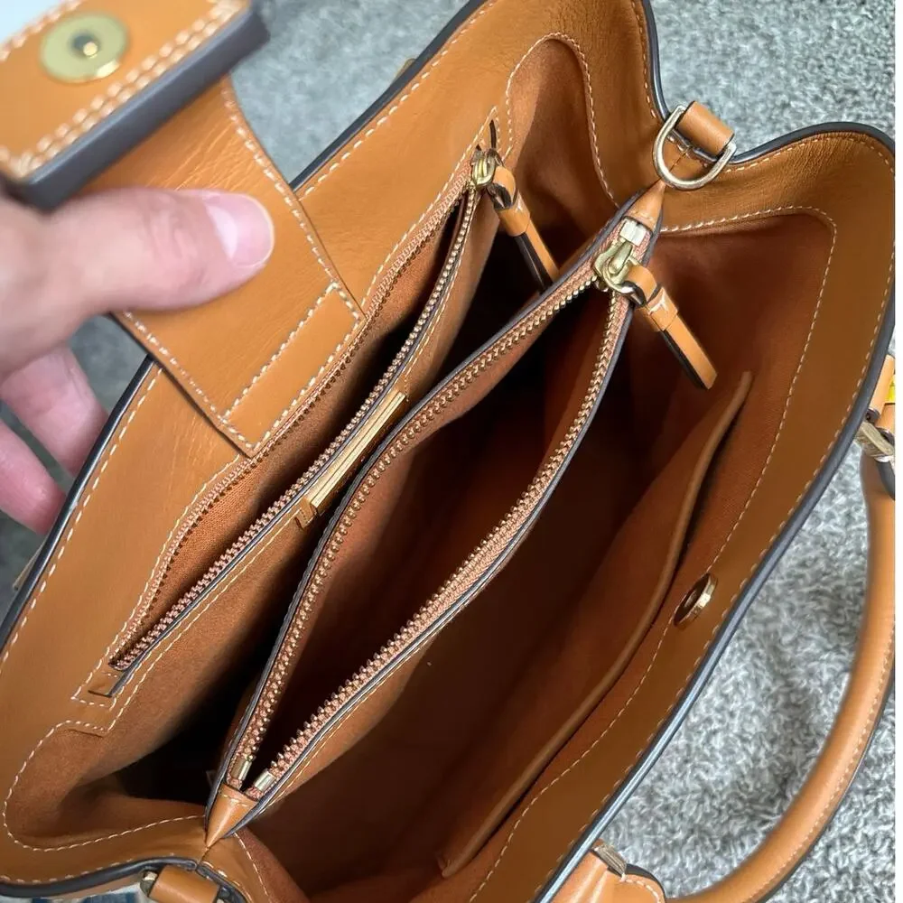 Tory Burch Canvas & Leather Tote Bag with 2 Interchangeable Straps Neutral Tan